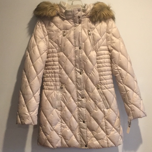 New! Laundry By Design Cream/Gold Quilted Puffer Coat Fur Trim Hood Large - Picture 1 of 13